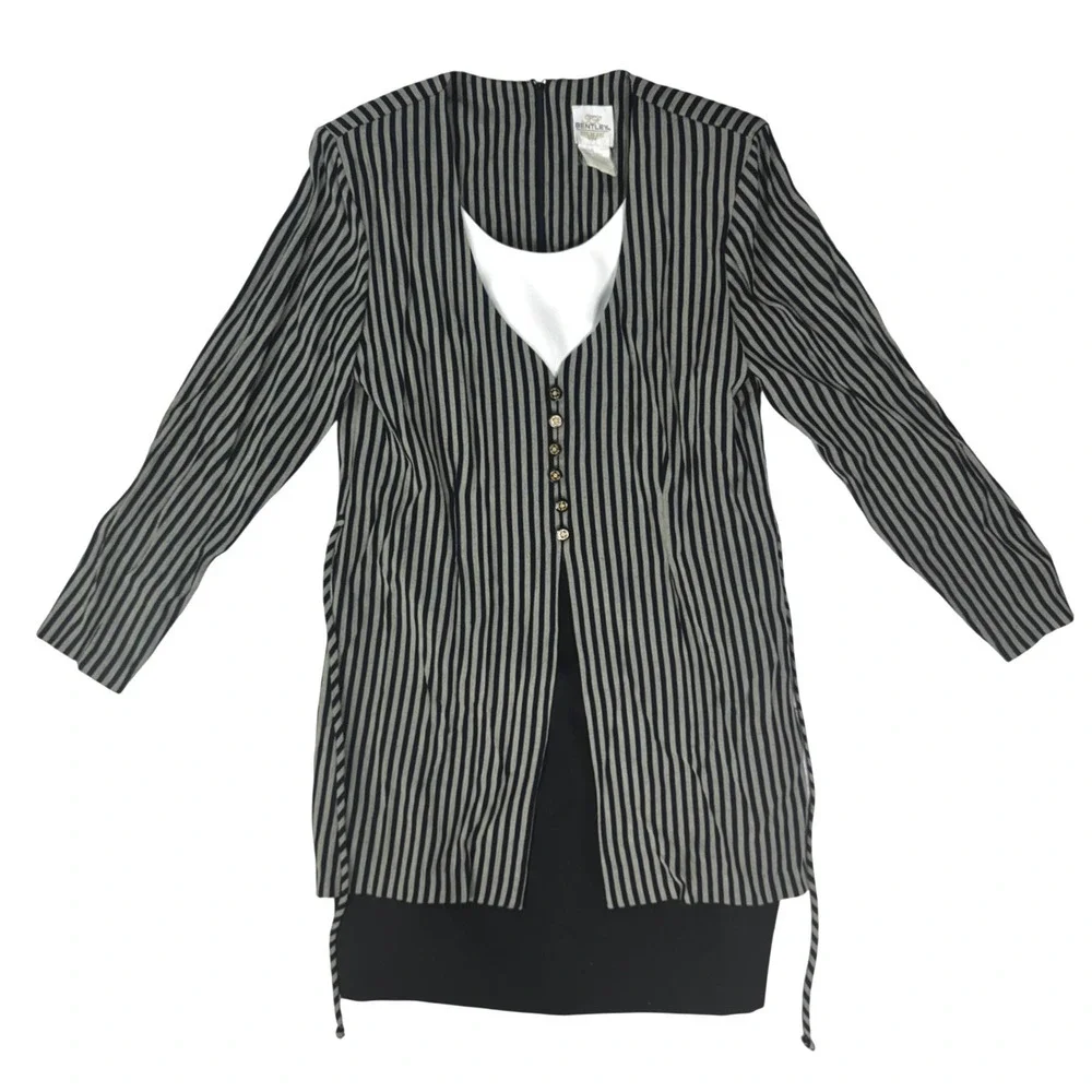 TR Bentley Vintage Striped Layered Look Dress Black Grey Gold Button 128H